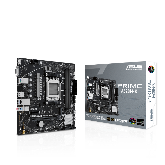 ASUS PRIME A620M-K mATX Motherboard, AMD AM5 Socket, AMD A620 Chipset, 2x DIMM DDR5 ASUS PRIME A620M-K mATX Motherboard, AMD AM5 Socket, AMD A620 Chipset, 2x DIMM DDR5